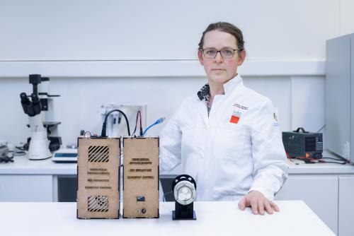Adriana in the BioTehna laboratory @ Kersnikova Institute, during her Biofriction residency; credit Hana Jošić